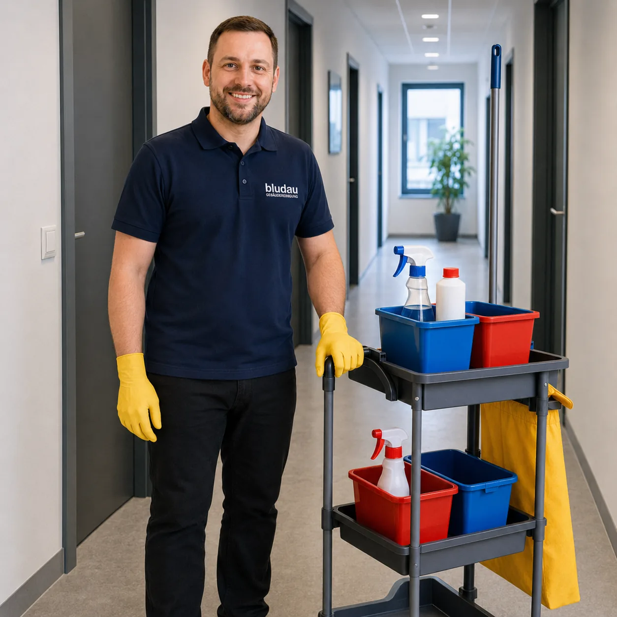 Unterhaltsreinigung in Grevenbroich – Mitarbeiter von bludau Gebäudereinigung mit Profi-Reinigungswagen im Bürogang
