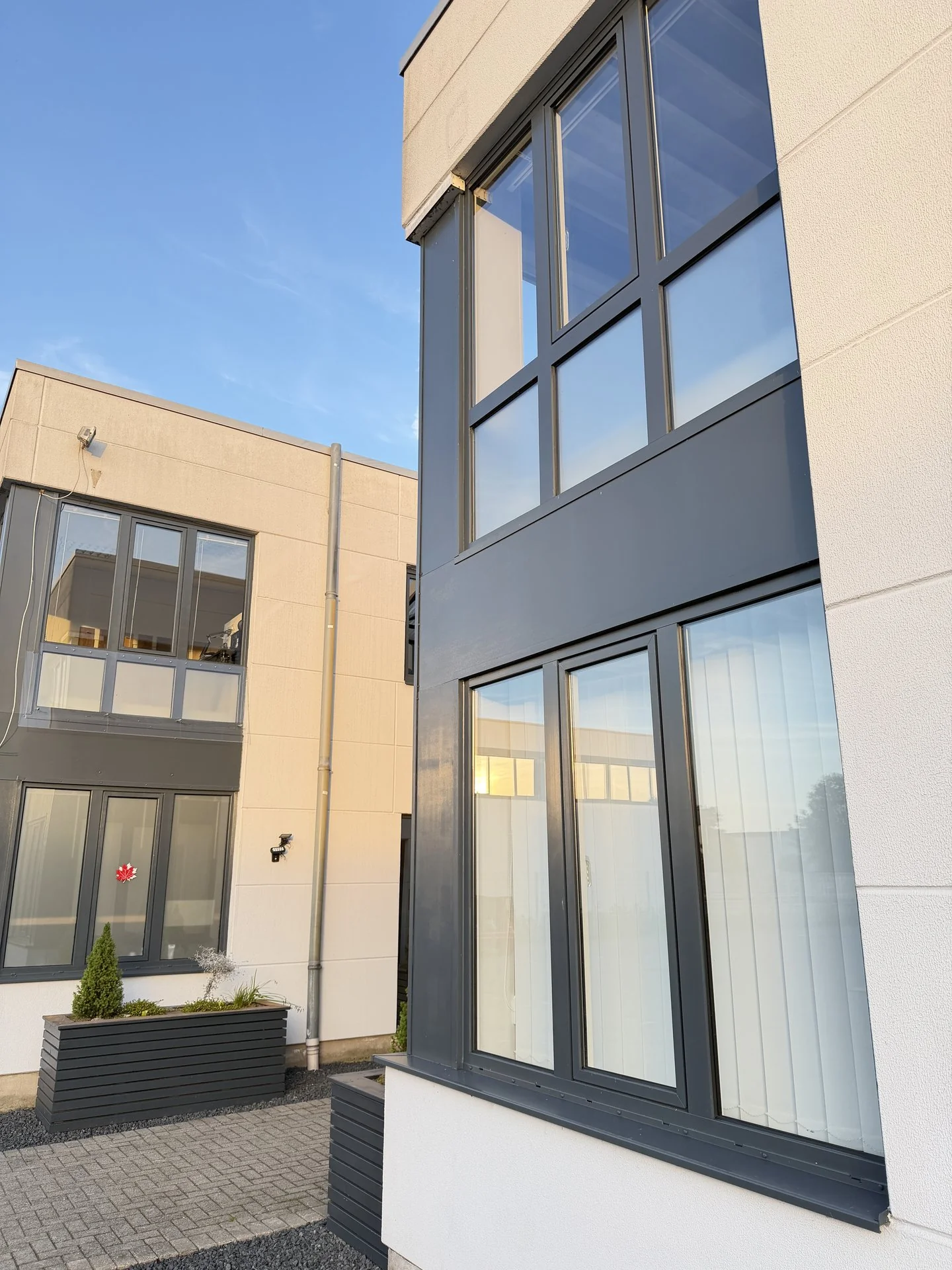 Fensterreinigung Referenz bei Mira Parkett in Willich: gereinigte Bürofassade mit hohen Glasflächen und Eingangstür im Abendlicht, ausgeführt von bludau Gebäudereinigung Grevenbroich